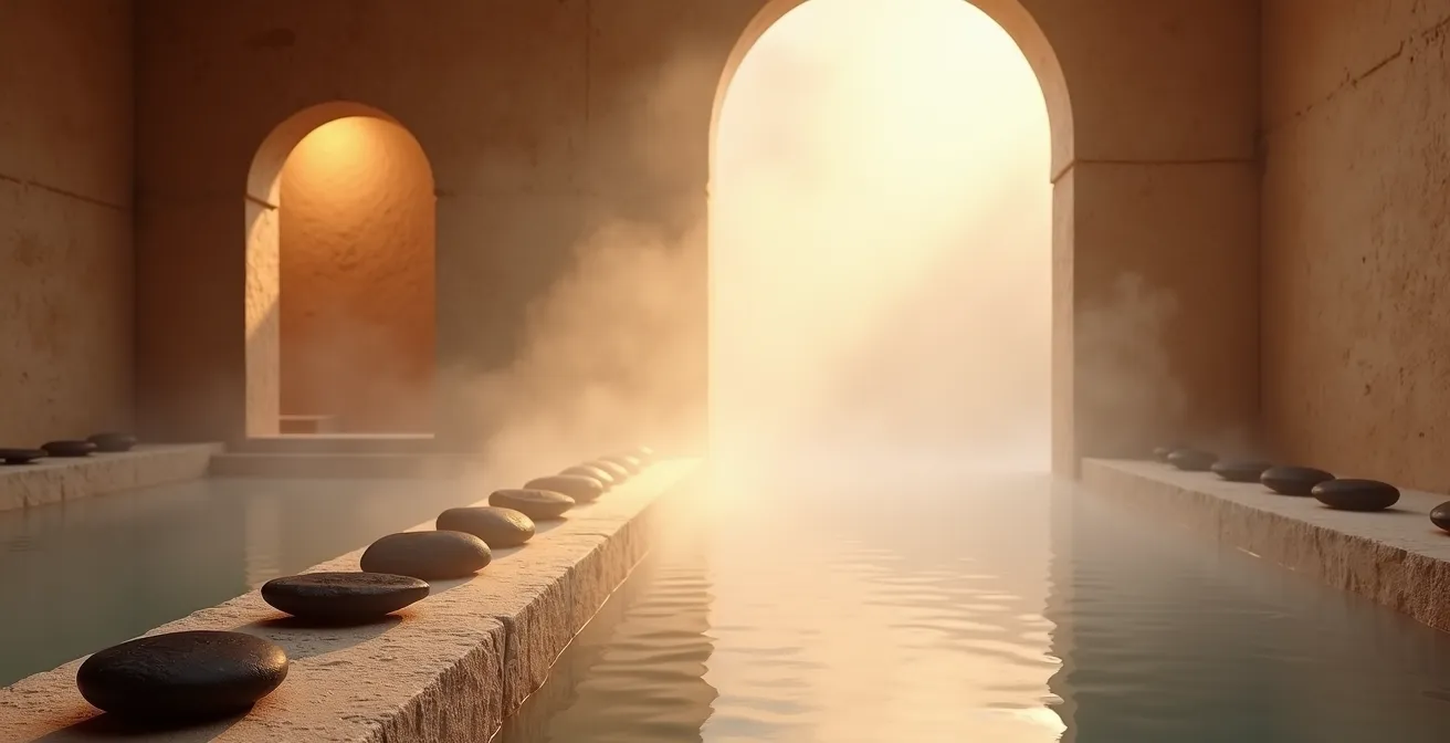 Intérieur d'un hammam avec vapeur et pierres naturelles en montagne