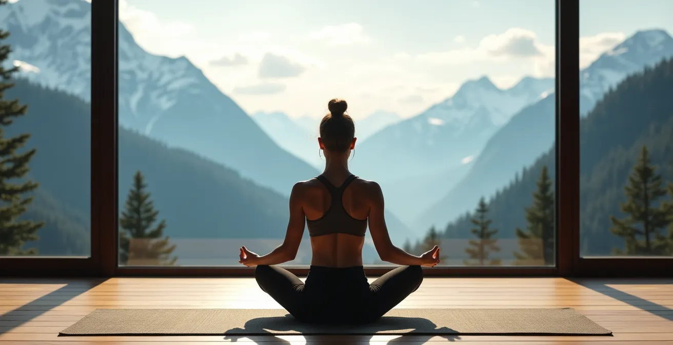 Personne méditant face à une baie vitrée donnant sur les montagnes
