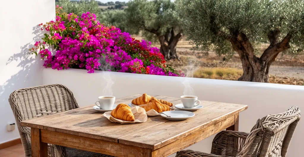 Table de petit-déjeuner dressée sur une terrasse avec végétation méditerranéenne