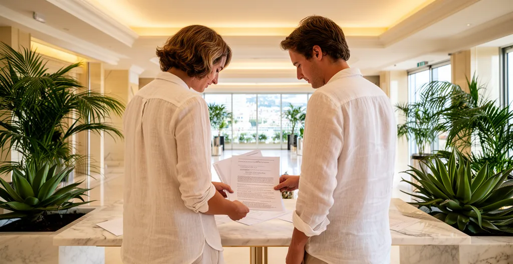 Deux professionnels debout discutant dans un lobby haut de gamme Monaco