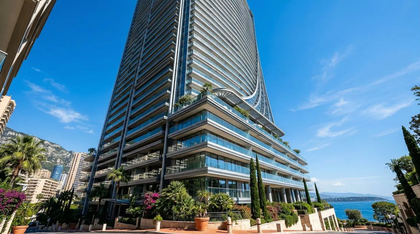 Façade d'une résidence de luxe moderne à Monaco photographiée en contre-plongée sous un ciel bleu méditerranéen, lignes architecturales épurées et balcons vitrés