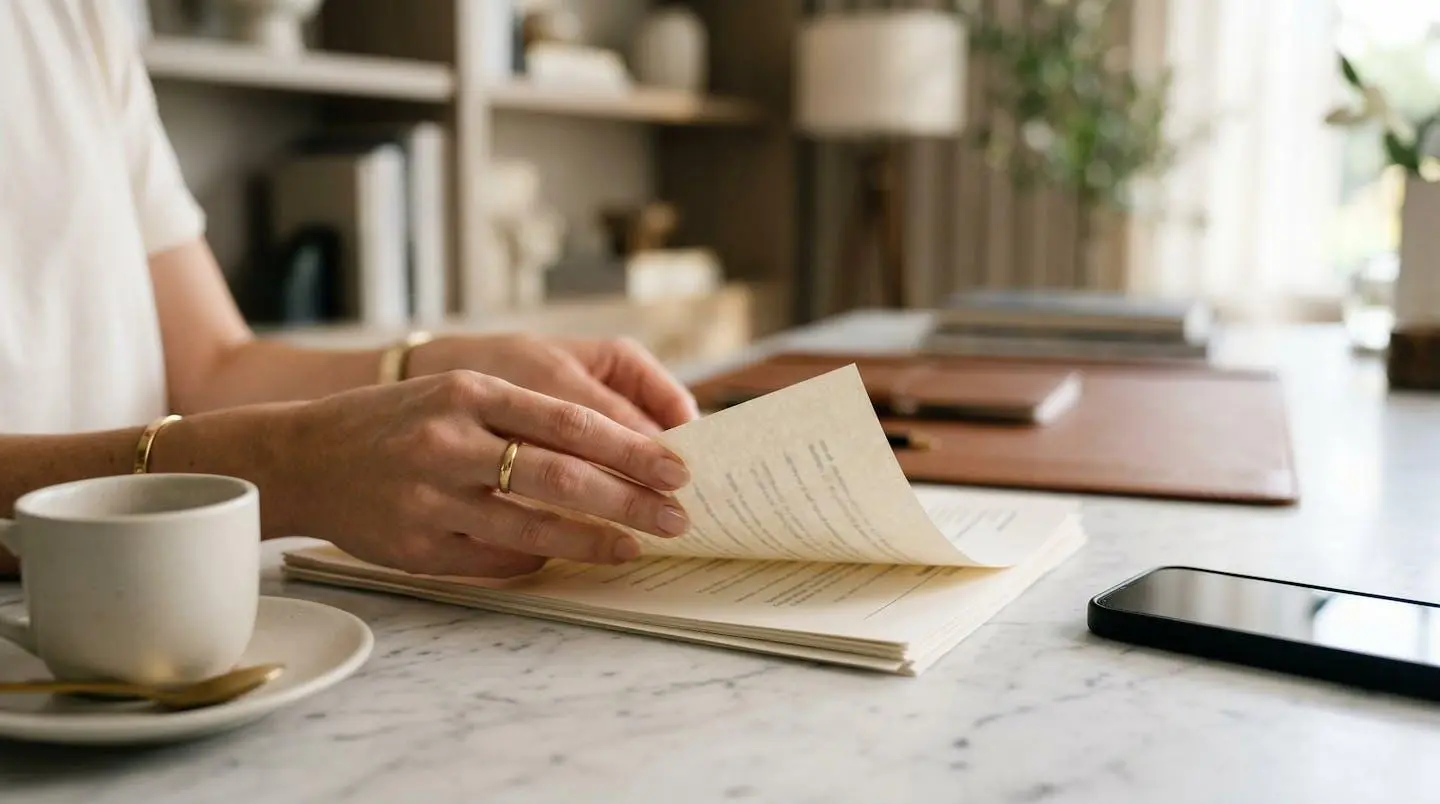 Mains féminines élégantes feuilletant un dossier sur une table en marbre blanc, tasse de café et smartphone posés à côté dans un bureau lumineux