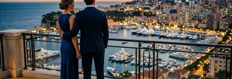 Un couple vu de dos contemple le port de Monaco depuis une terrasse au crépuscule, lumière dorée sur les yachts et immeubles de la Principauté