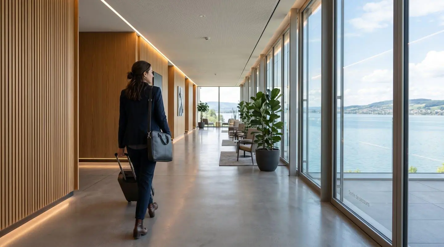 Professionnelle vue de dos marchant dans un corridor d'hôtel lumineux avec baie vitrée donnant sur le lac