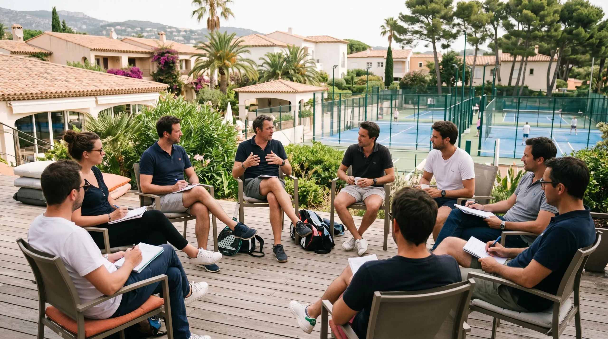 Collaborateurs en cercle sur terrasse extérieure de resort lors d'un débriefing post-activité sportive, échanges naturels et détendus