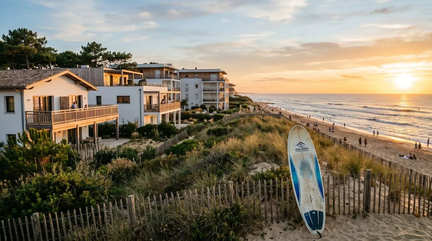 Front de mer résidentiel d'Hossegor au coucher de soleil avec villas blanches, planche de surf et océan en arrière-plan
