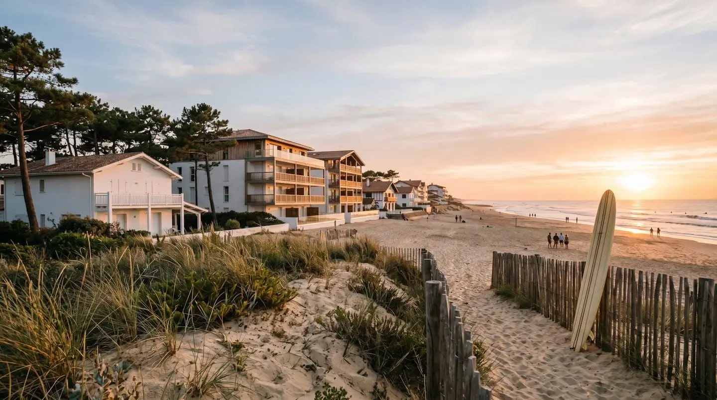 Front de mer résidentiel d'Hossegor au coucher de soleil avec villas blanches, planche de surf et océan en arrière-plan