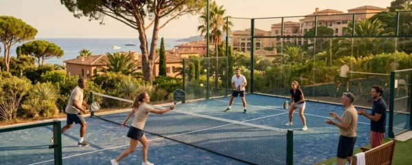 Groupe de collaborateurs jouant au padel en double sur un court extérieur d'un resort méditerranéen, ambiance conviviale en lumière de fin d'après-midi