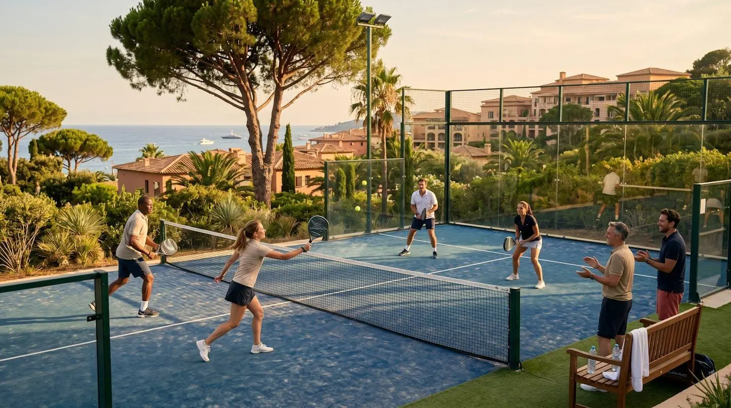 Groupe de collaborateurs jouant au padel en double sur un court extérieur d'un resort méditerranéen, ambiance conviviale en lumière de fin d'après-midi