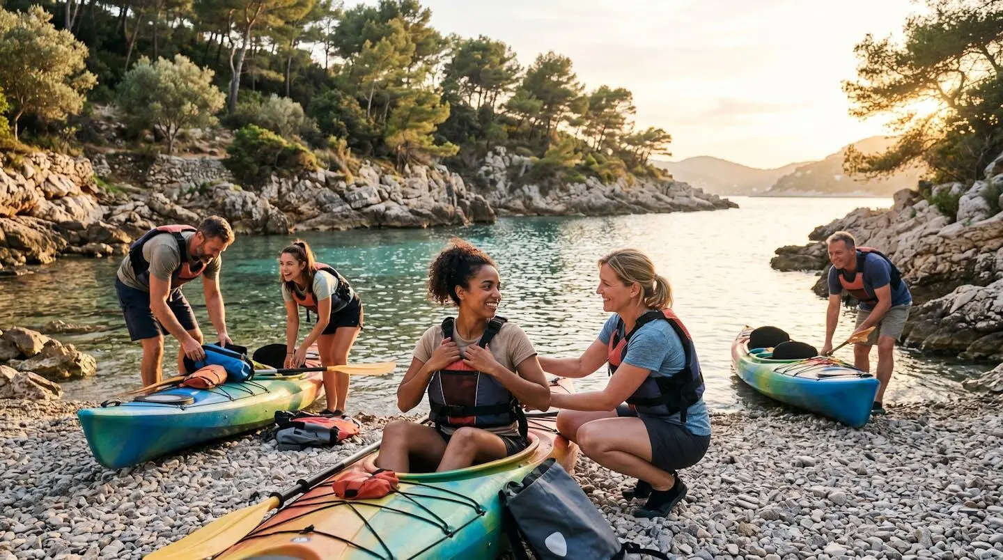 Groupe diversifié de participants s'entraidant lors d'une activité VTT ou kayak en milieu naturel méditerranéen, ambiance accessible et conviviale