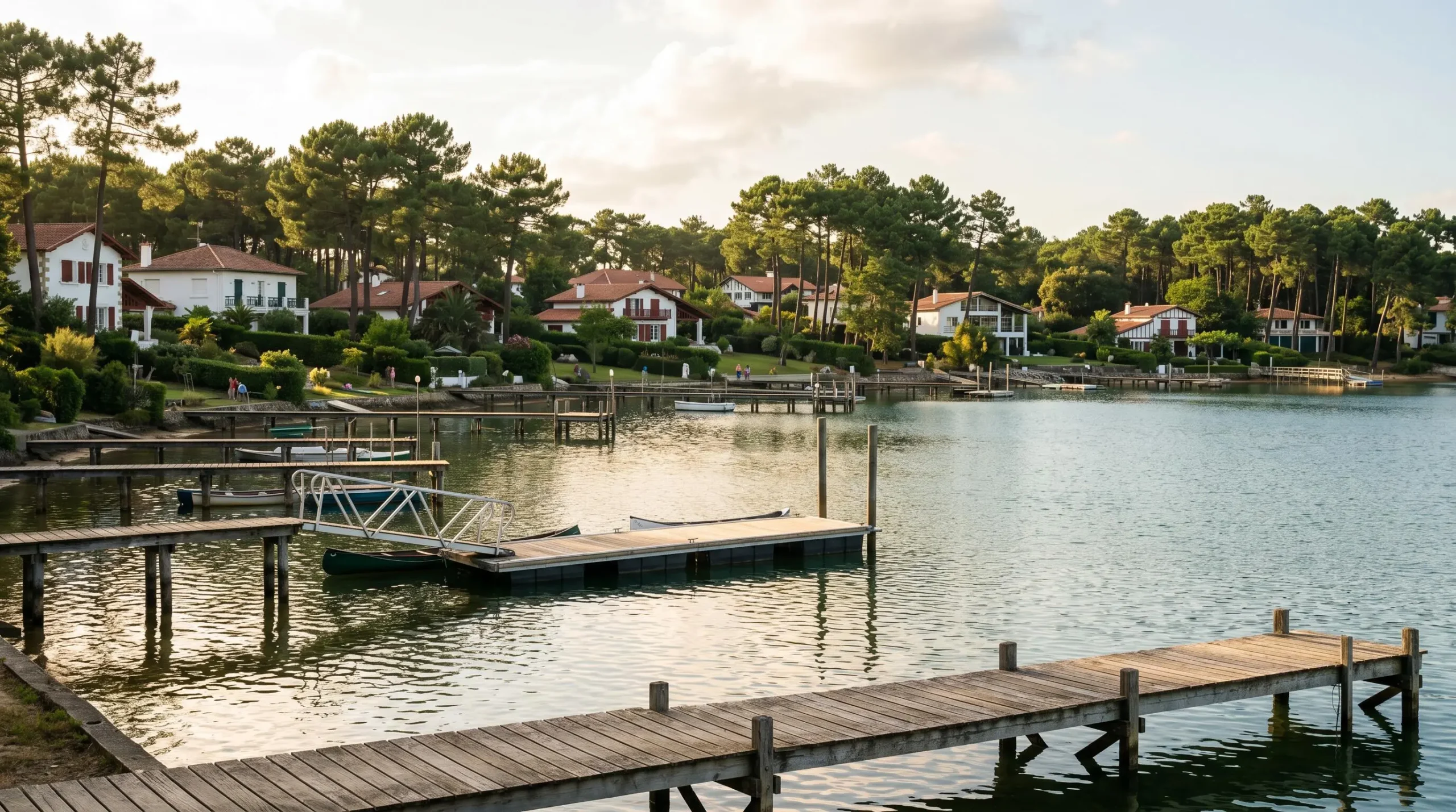 Lac marin d'Hossegor avec pontons privés en bois et villas résidentielles entre les pins en arrière-plan