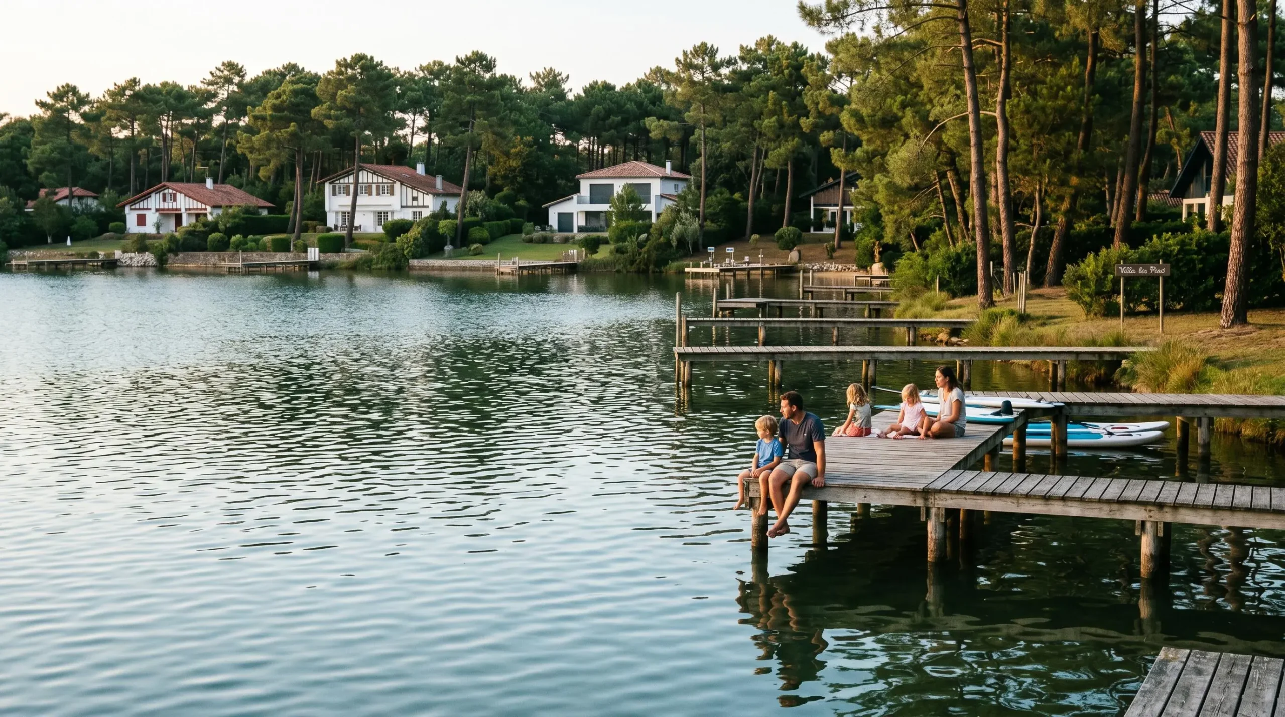 Lac marin d'Hossegor avec pontons privés en bois et villas résidentielles entre les pins en arrière-plan