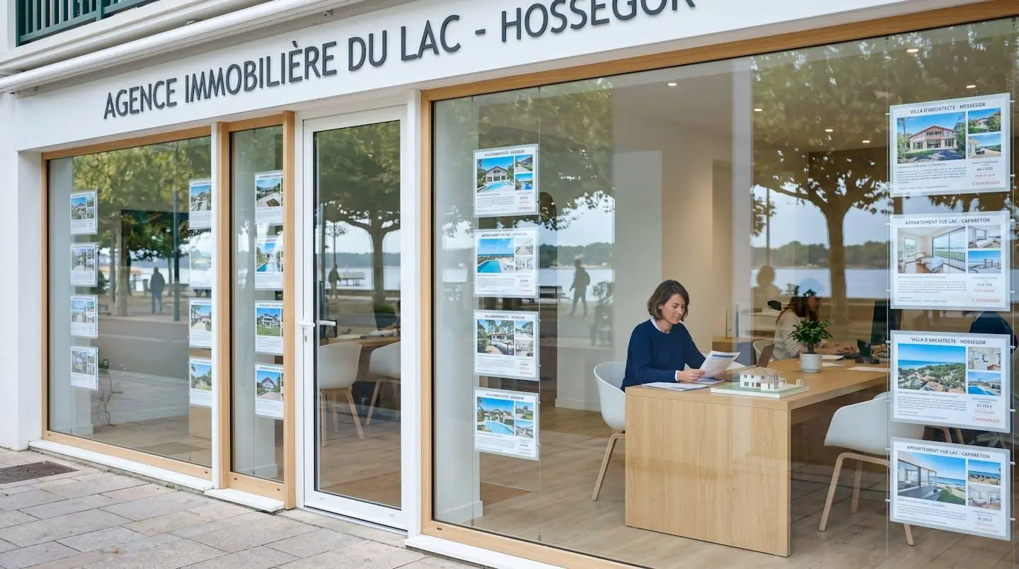Vitrine d'agence immobilière à Hossegor affichant des biens à vendre avec façade vitrée moderne