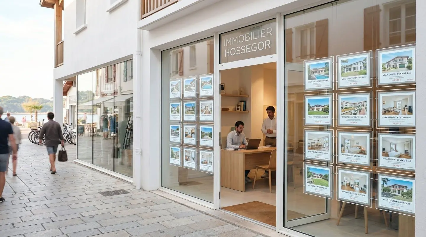 Vitrine d'agence immobilière à Hossegor affichant des biens à vendre avec façade vitrée moderne